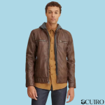 Men’s Faux-Leather Brown Jacket With Hood