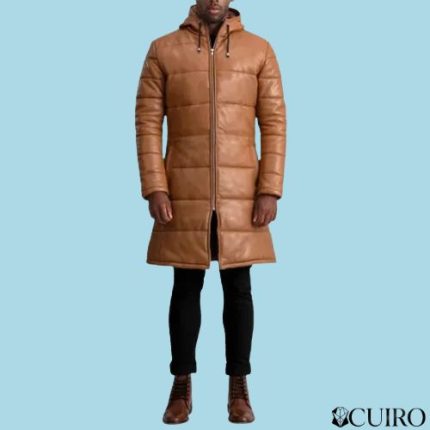 Men’s Floyd Tan Hooded Leather Puffer Coat