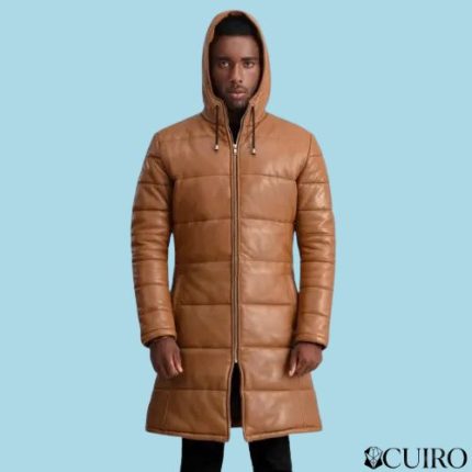 Men’s Floyd Tan Hooded Leather Puffer Coat