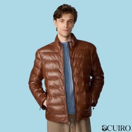 Men's Glenn Distressed Brown Leather Puffer Jacket