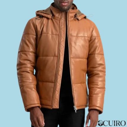 Men’s Gordon Tan Brown Hooded Leather Puffer Jacket