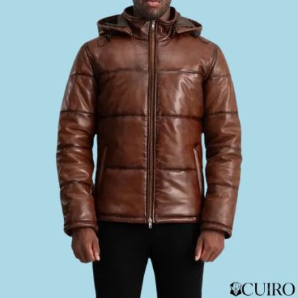 Men’s Gordon Waxed Brown Hooded Leather Puffer Jacket