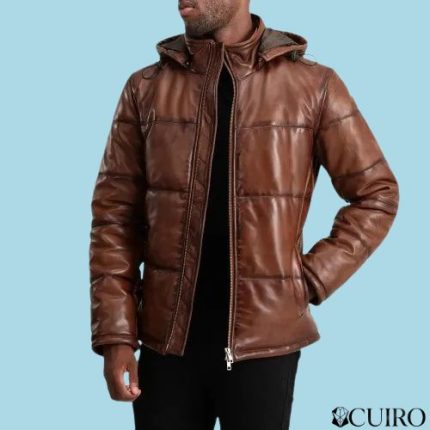 Men’s Gordon Waxed Brown Hooded Leather Puffer Jacket
