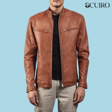 Mens Ionic Brown Leather Biker Jacket