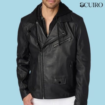 Men’s Jaxson Black Hooded Moto Leather Jacket