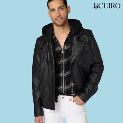 Men’s Jaxson Black Hooded Moto Leather Jacket