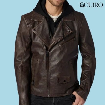 Men’s Jaxson Brown Hooded Moto Leather Jacket