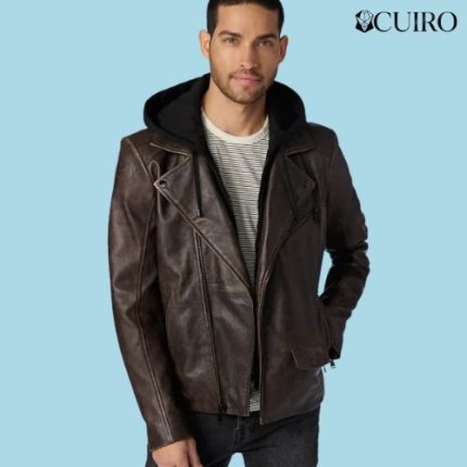 Men’s Jaxson Brown Hooded Moto Leather Jacket
