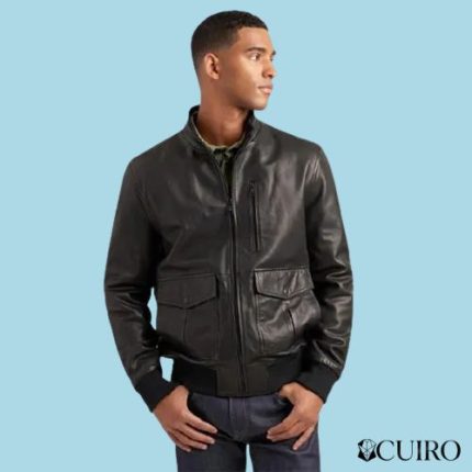 Men’s Lamb Bomber Black Jacket With Rib Knit