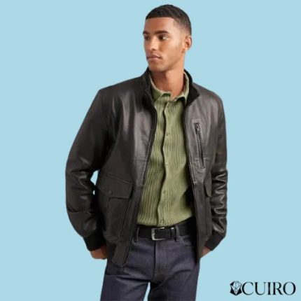 Men’s Lamb Bomber Black Jacket With Rib Knit