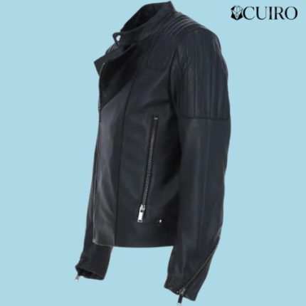 Men’s Leather Vegetable Tanned Side Zip Biker Jacket Black