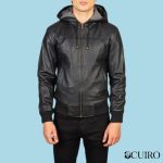 Men’s Nintenzo Black Hooded Leather Bomber Jacket