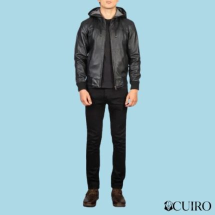 Men’s Nintenzo Black Hooded Leather Bomber Jacket