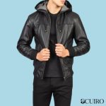 Men’s Nintenzo Black Hooded Leather Bomber Jacket