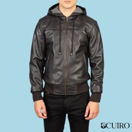 Mens Nintenzo Brown Hooded Leather Bomber Jacket