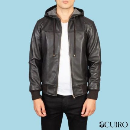 Mens Nintenzo Brown Hooded Leather Bomber Jacket