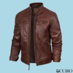 Men's Quilted Shoulder Brown Biker Leather Jacket - Image 2