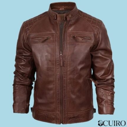 Men's Quilted Shoulder Brown Biker Leather Jacket