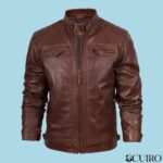 Men's Quilted Shoulder Brown Biker Leather Jacket