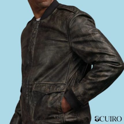 Men’s Rebel Leather Distressed Black Bomber Jacket