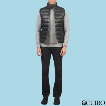 Men’s Reeves Black Leather Puffer Vest