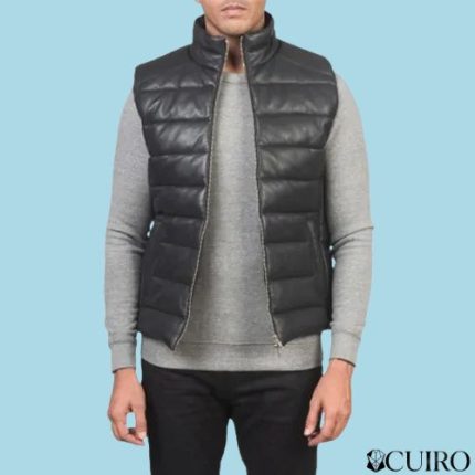 Men’s Reeves Black Leather Puffer Vest