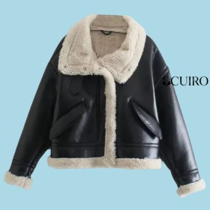 Women’s Bella A-2 Faux Shearling Black Bomber Leather Jacket