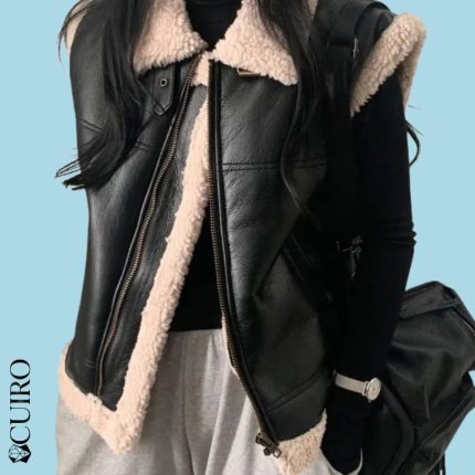 Women’s Elegancia Black Leather Vest With Sherpa