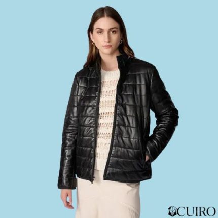 Women’s Katrina Leather Packable Black Puffer Jacket