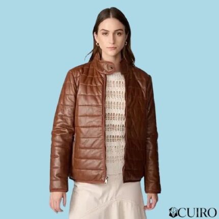 Women's Katrina Packable Brown Leather Puffer Jacket