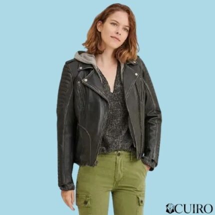 Women's Performance Rider Quilted Shoulder Black Leather Moto Jacket