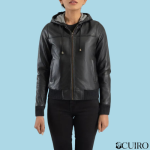 Women’s Rebella Black Hooded Leather Bomber Jacket
