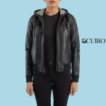Women’s Rebella Black Hooded Leather Bomber Jacket