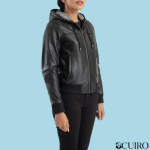 Women’s Rebella Black Hooded Leather Bomber Jacket