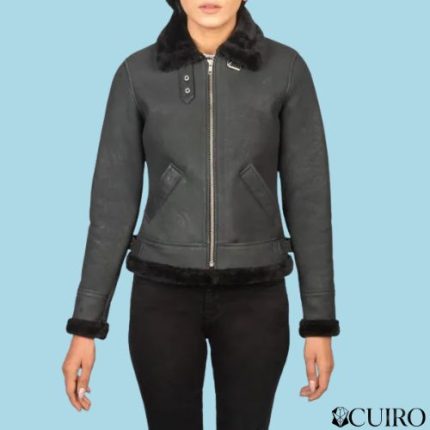 Women’s Sherilyn B-3 Distressed Black Leather Bomber Jacket