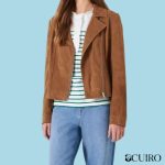 Women’s Suede Collared Biker Jacket Brown